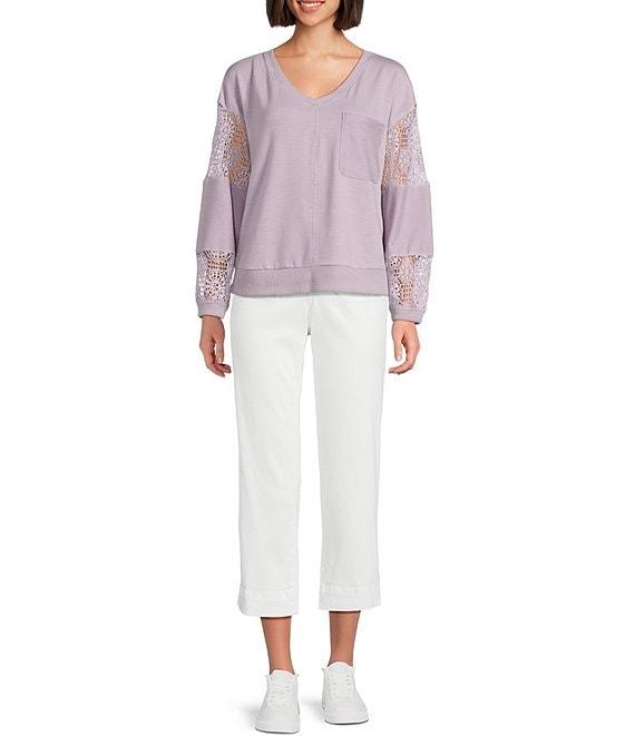 Nurture Petite French Terry Lace & Rib V-Neck Drop Shoulder Front Pocket Knit Pullover Product Image