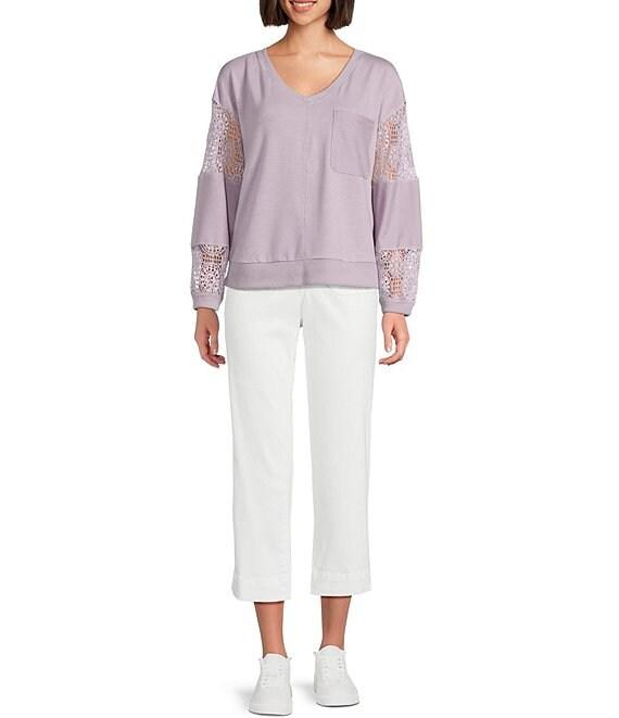 Nurture Petite French Terry Lace & Rib V-Neck Drop Shoulder Front Pocket Knit Pullover Product Image