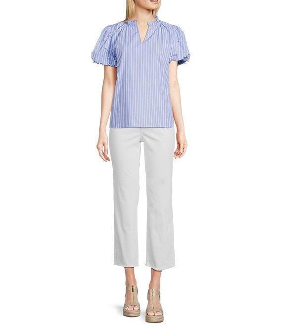 Calessa Short Pearl Sleeve Split V-Neck Striped Woven Blouse Product Image