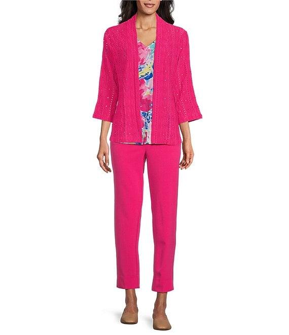 Allison Daley 3/4 Sleeve Open-Front Eyelet Knit Cardigan Product Image