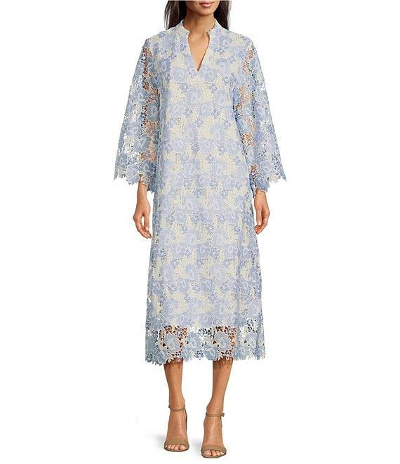 J.Marie Maggie Lace Split V-Neck 3/4 Sleeve Midi Shift Dress Product Image