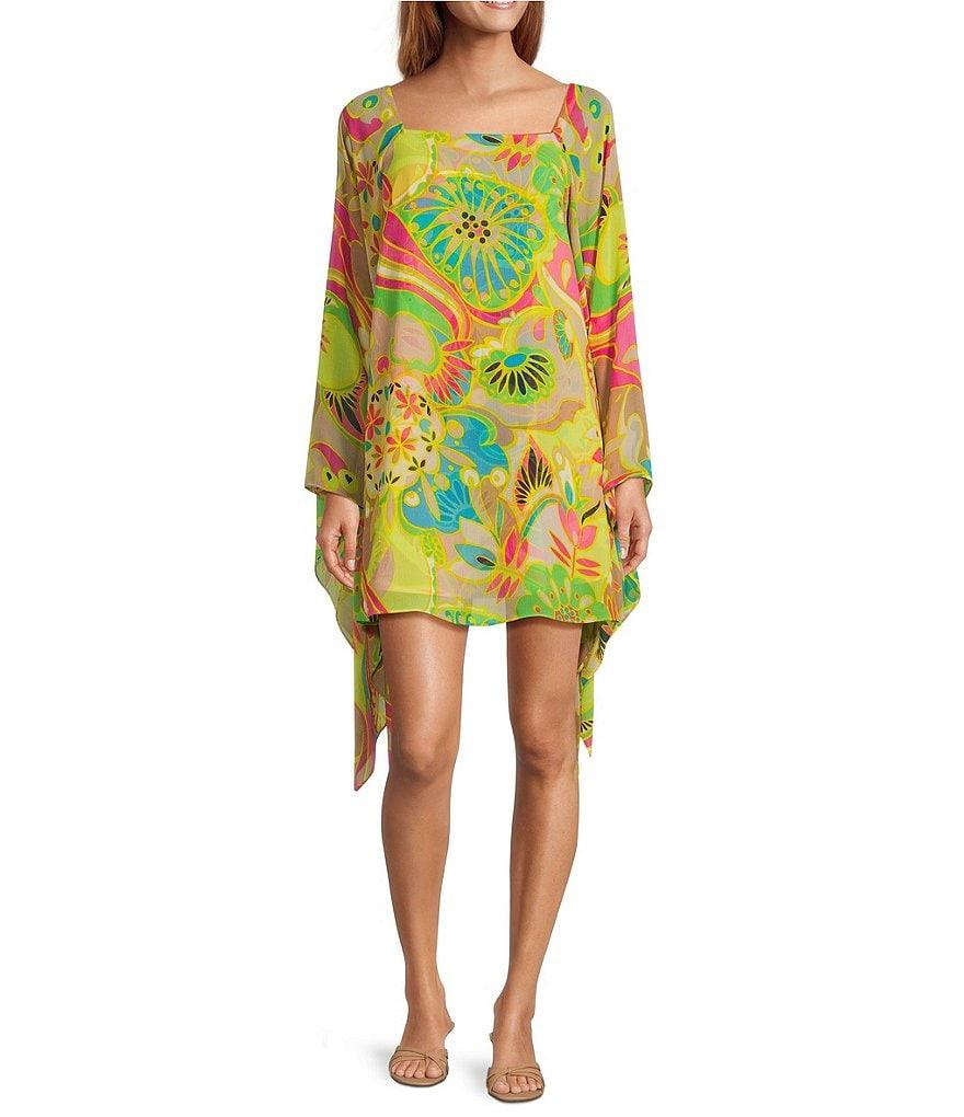 Trina Turk Aqualane Printed Georgette Boat Neck Long Sleeve Flowy Dress Product Image