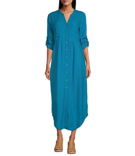 Westbound 3/4 Rolled Sleeve Y-Neck Button Front Maxi Shirt Dress Product Image
