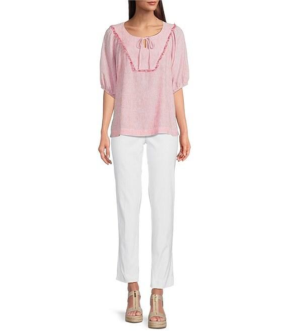 Ali Miles Woven Stripe Linen Blend Yarn-Dyed Split Round Neck Elbow Sleeve Frayed Hem Tunic Product Image