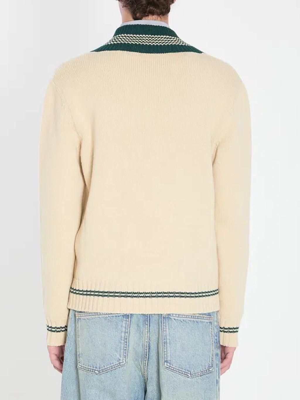 VALENTINO Embroidered V-neck Crewneck Sweater With Ribbed Trim In White Product Image