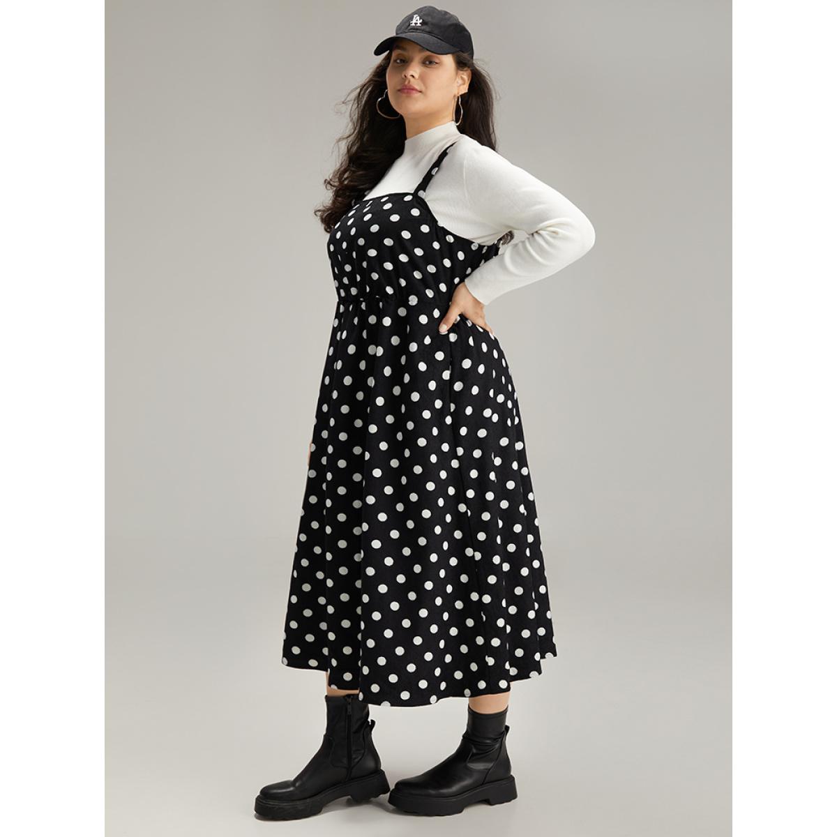 Plus Size Polka Dot Pocket Cami Dress Black Women Elegant Adjustable Straps Spaghetti Strap Sleeveless Curvy Midi Dress BloomChic 10/M Product Image