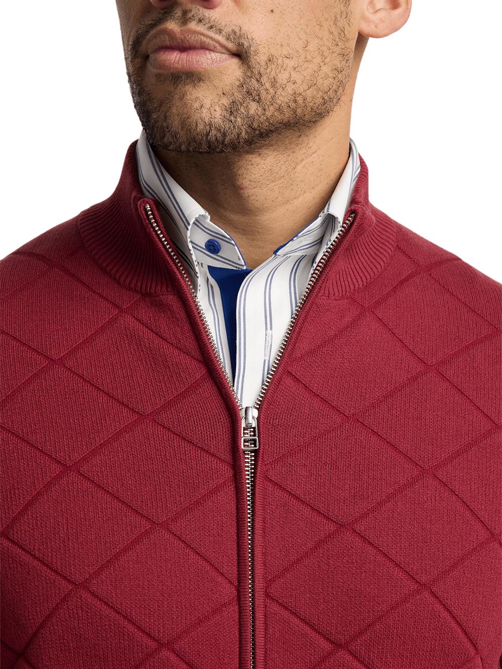 Cotton Full Zip Mock Neck Sweater - Burgundy Product Image