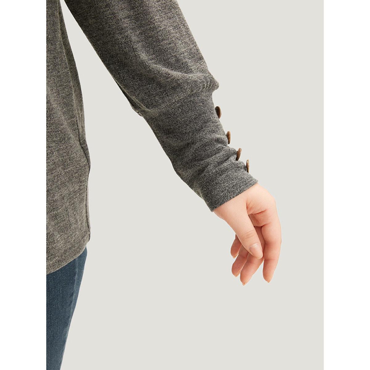 Plus Size Plain Heather Elastic Cuffs Button Detail T-shirt Gray Women Casual Elastic cuffs Plain V-neck Dailywear T-shirts BloomChic 12/L Product Image