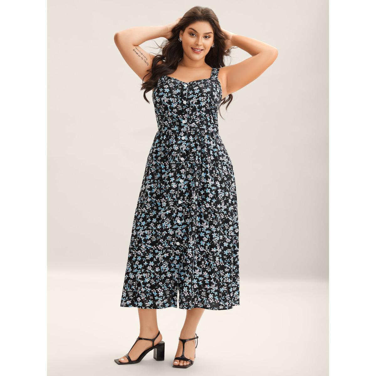 Plus Size Floral Print Button Detail Sleeveless Pockets Midi Dress BlackFlower Women Timeless Non Sleeveless Curvy BloomChic 18-20/2X Product Image