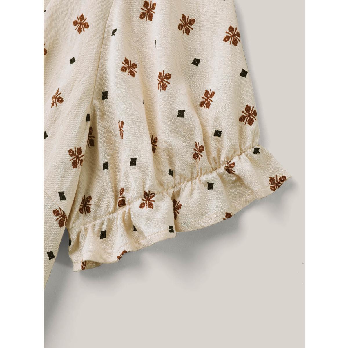 Plus Size Beige Rayon Embroidered Pleated Blouse Women Short sleeve Square Neck Vacation Blouses BloomChic 26/4X Product Image