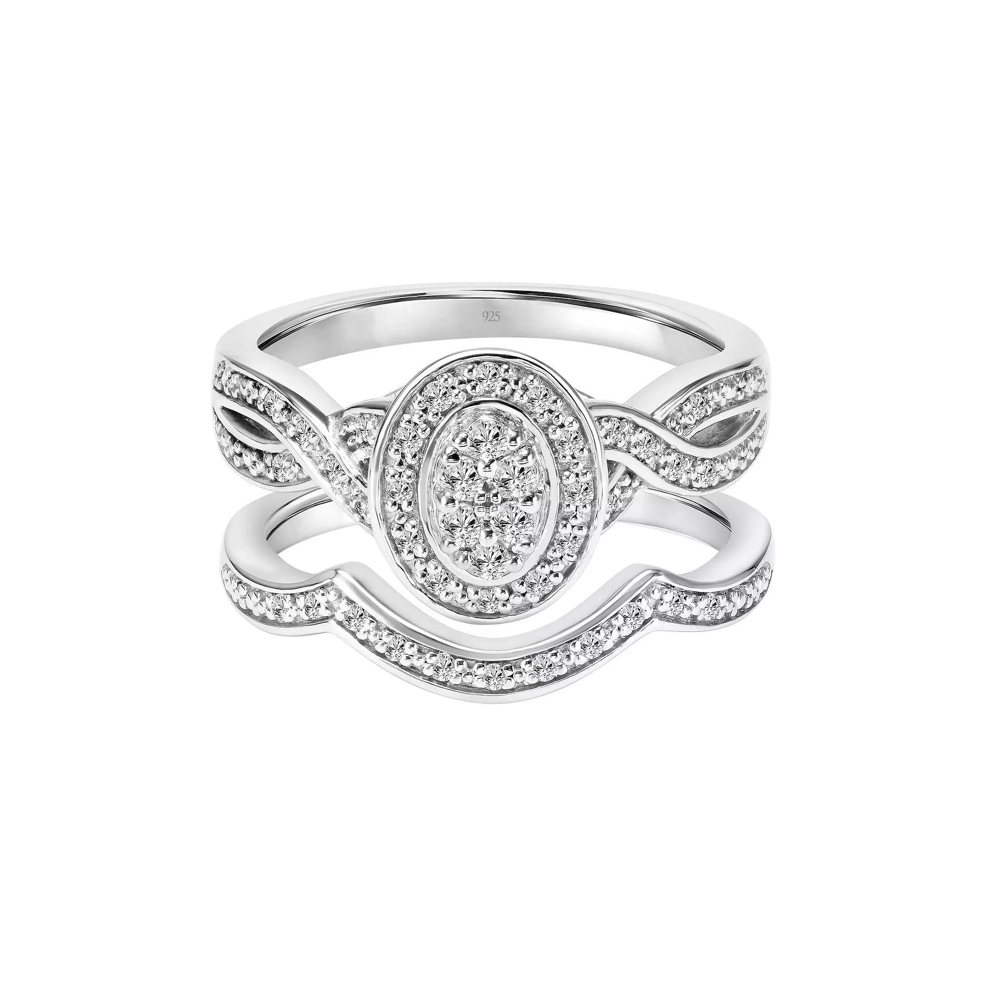 Love Always Sterling Silver 1/4 Carat T.W. Diamond Oval Cluster Halo Engagement Ring Set, Women's, Size: 9 Product Image