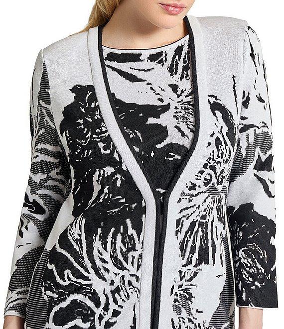 Ming Wang Floral Jacquard Knit Open Front Bracelet Sleeve Cardigan Product Image