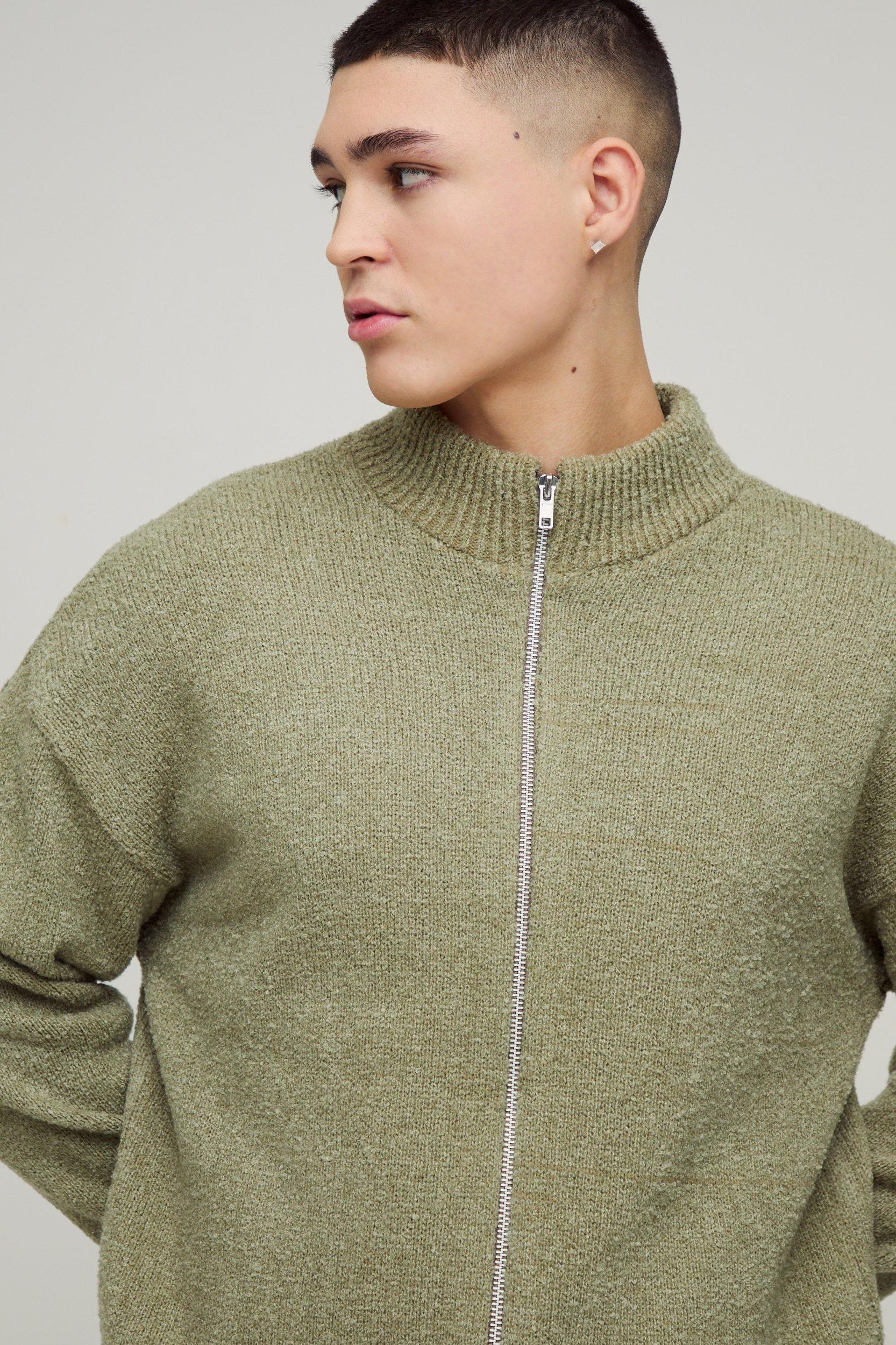 Relaxed Fit Boucle Zip Up Knitted Sweater | boohooMAN USA Product Image