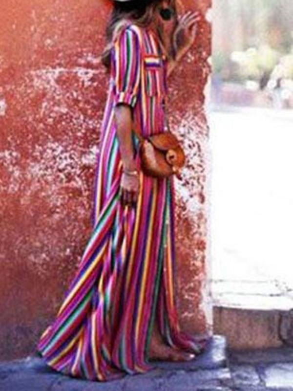 Long Sleeves Loose Split-Joint Striped Lapel Maxi Dresses Shirt Dress Product Image
