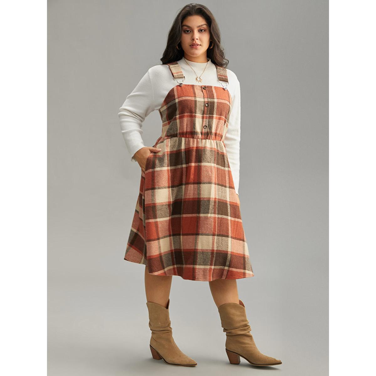 Plus Size Plaid Elastic Waist Button Detail Adjustable Straps Dress Chocolate Women Casual Adjustable Straps Spaghetti Strap Sleeveless Curvy Midi Dress BloomChic 22-24/3X Product Image