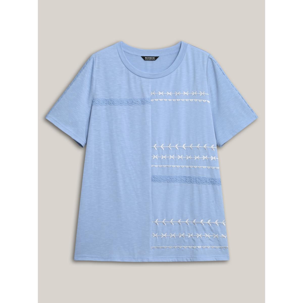 Plus Size Embroidered Lace Spliced Solid T-Shirt LightBlue Women Woven ribbon&lace trim Round Neck Everyday-Casual T-shirts BloomChic 30/6X Product Image