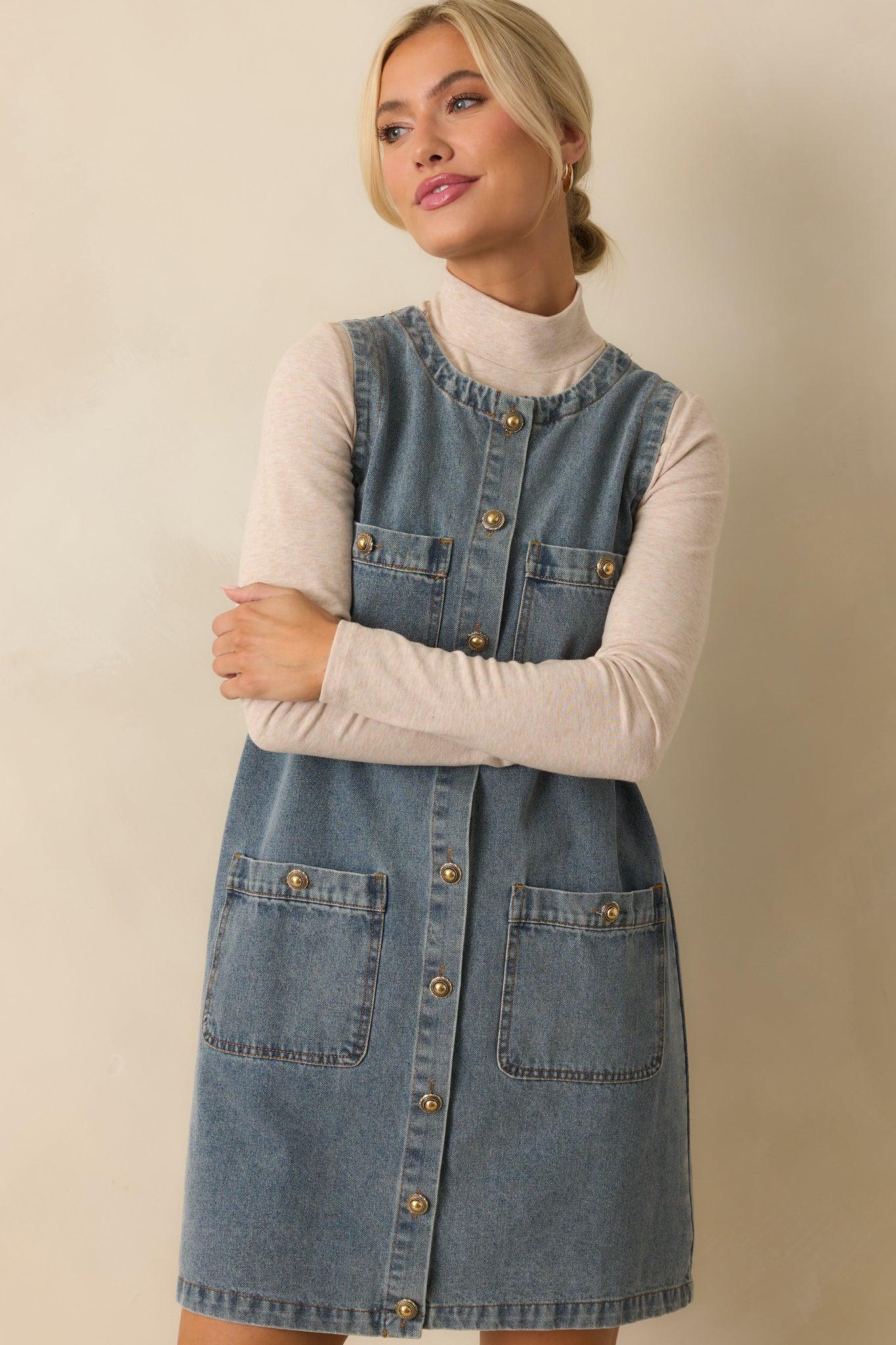 Urban Legend Medium Wash Button Front Denim Mini Dress Product Image
