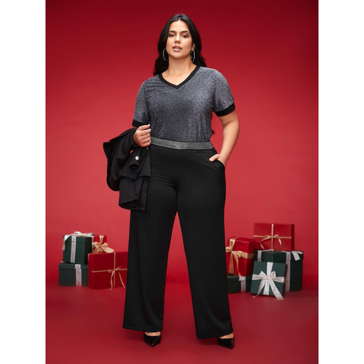 Plus Size Diamond Trim Wide-Leg Pants Women Black Formal Wide Leg Mid Rise Party Pants BloomChic 18-20/2X Product Image