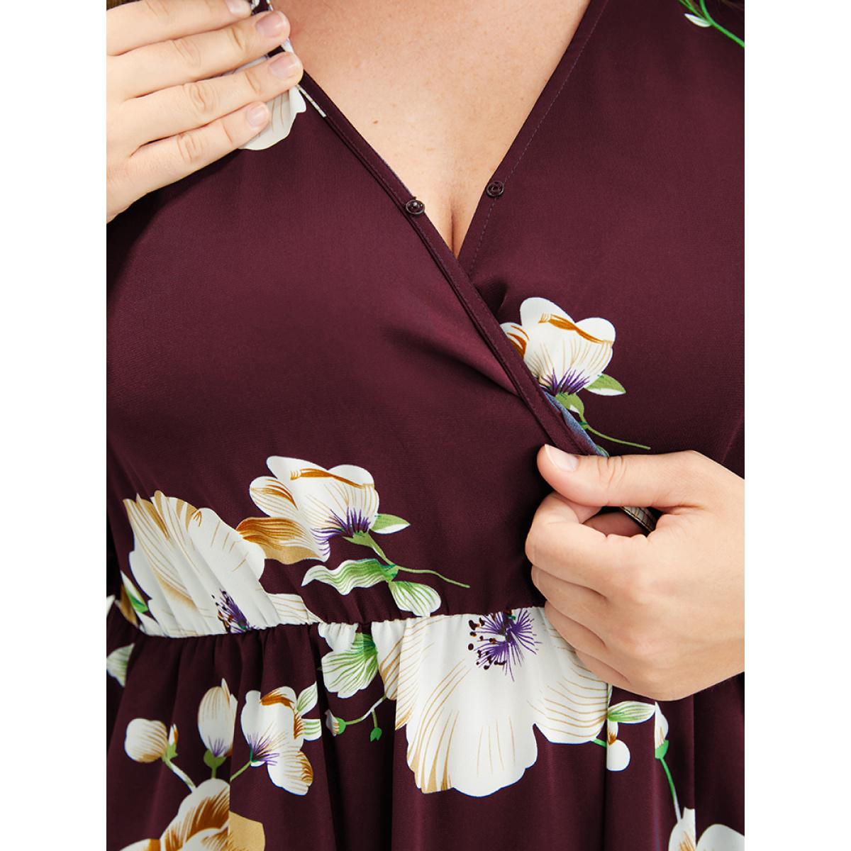 Plus Size Bloom Dress - Floral Lantern Sleeve Pocket Split Surplice Neck Flutter Maxi Dress Burgundy Women Elegant Printed V-neck Long Sleeve Curvy Long Dress BloomChic 22-24/3X Product Image