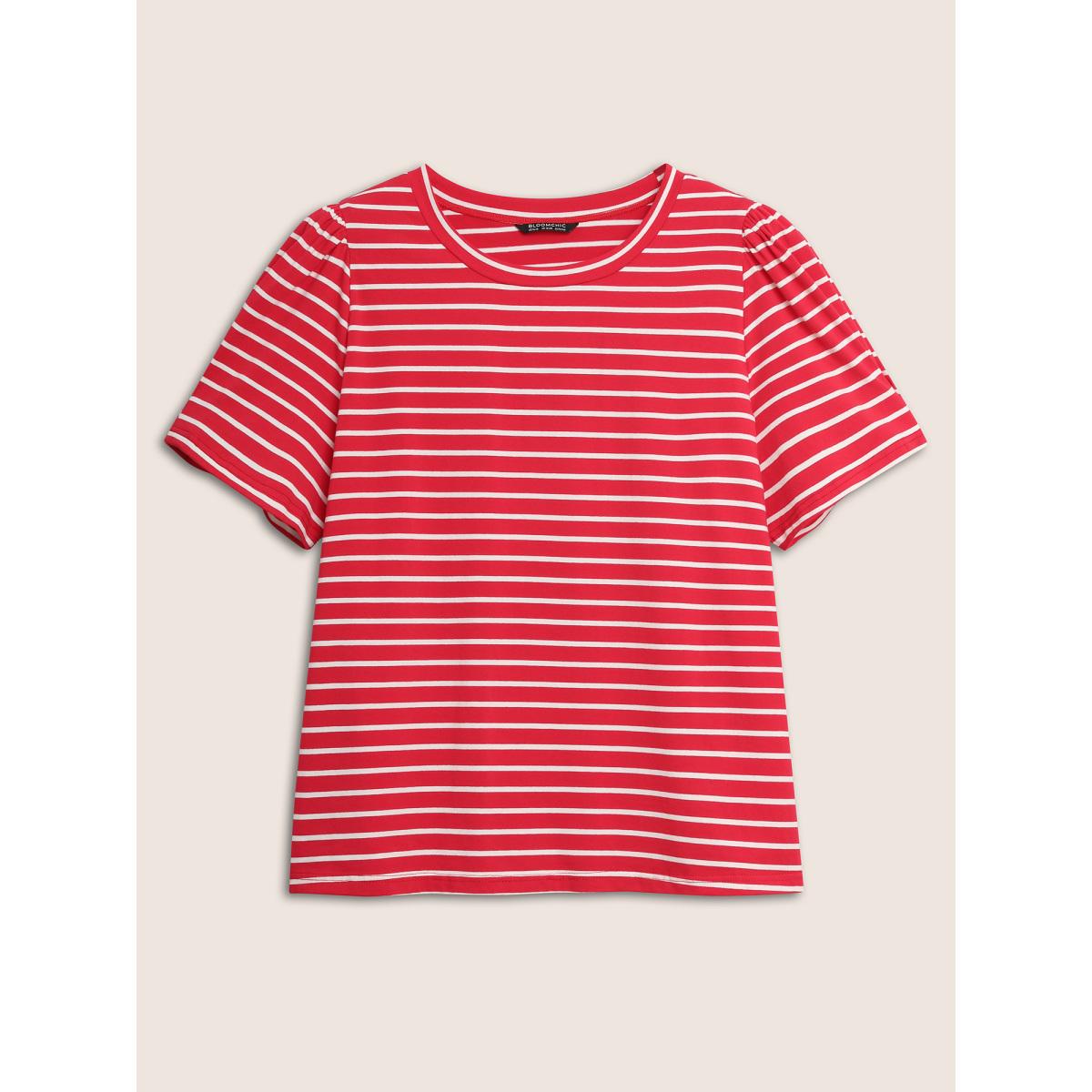 Plus Size Round Neck Striped Bishop Sleeve T-shirt Brightred Women Casual Gathered Round Neck Everyday T-shirts BloomChic 12/L Product Image