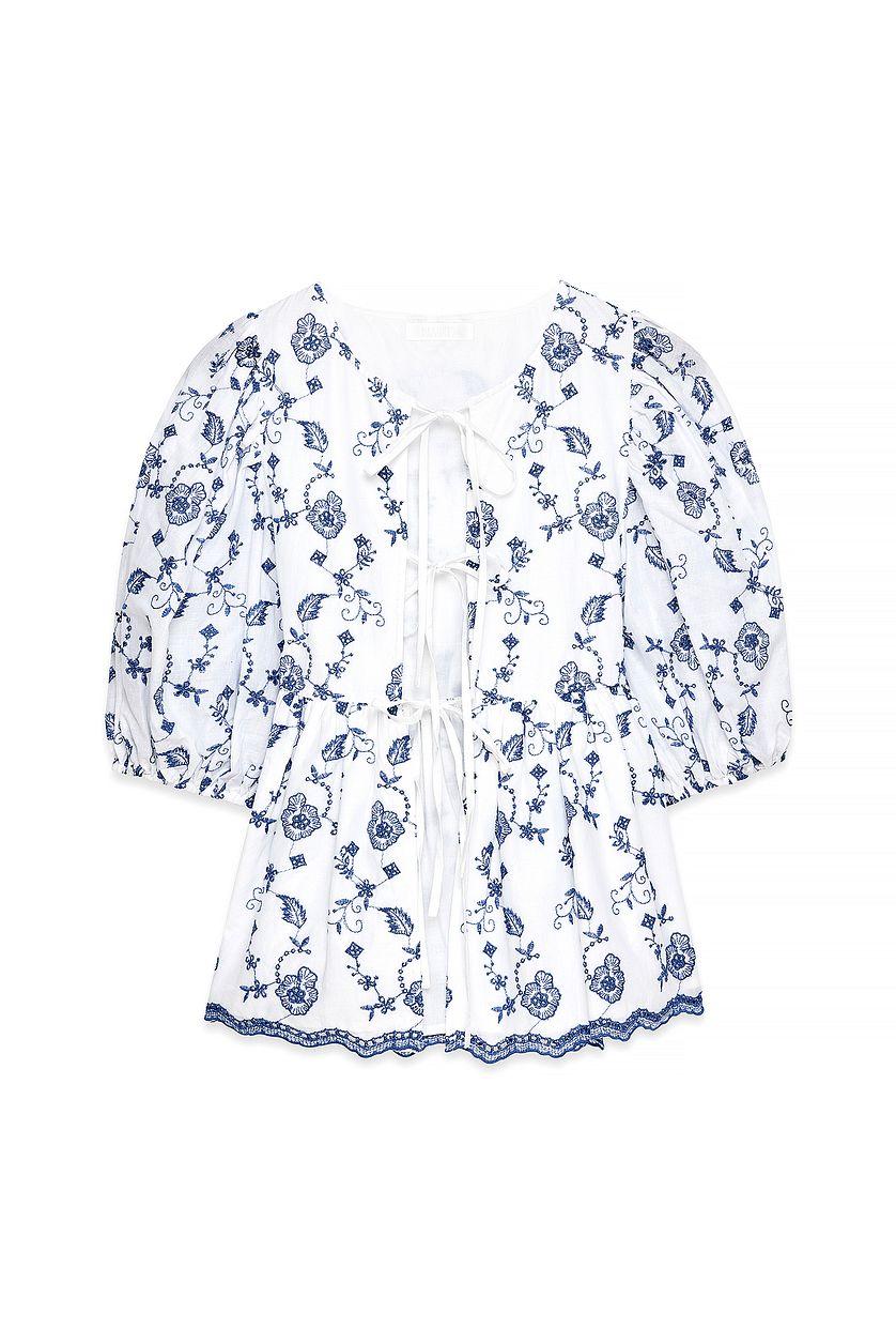 Embroidered Contrast Tie Front Blouse Product Image
