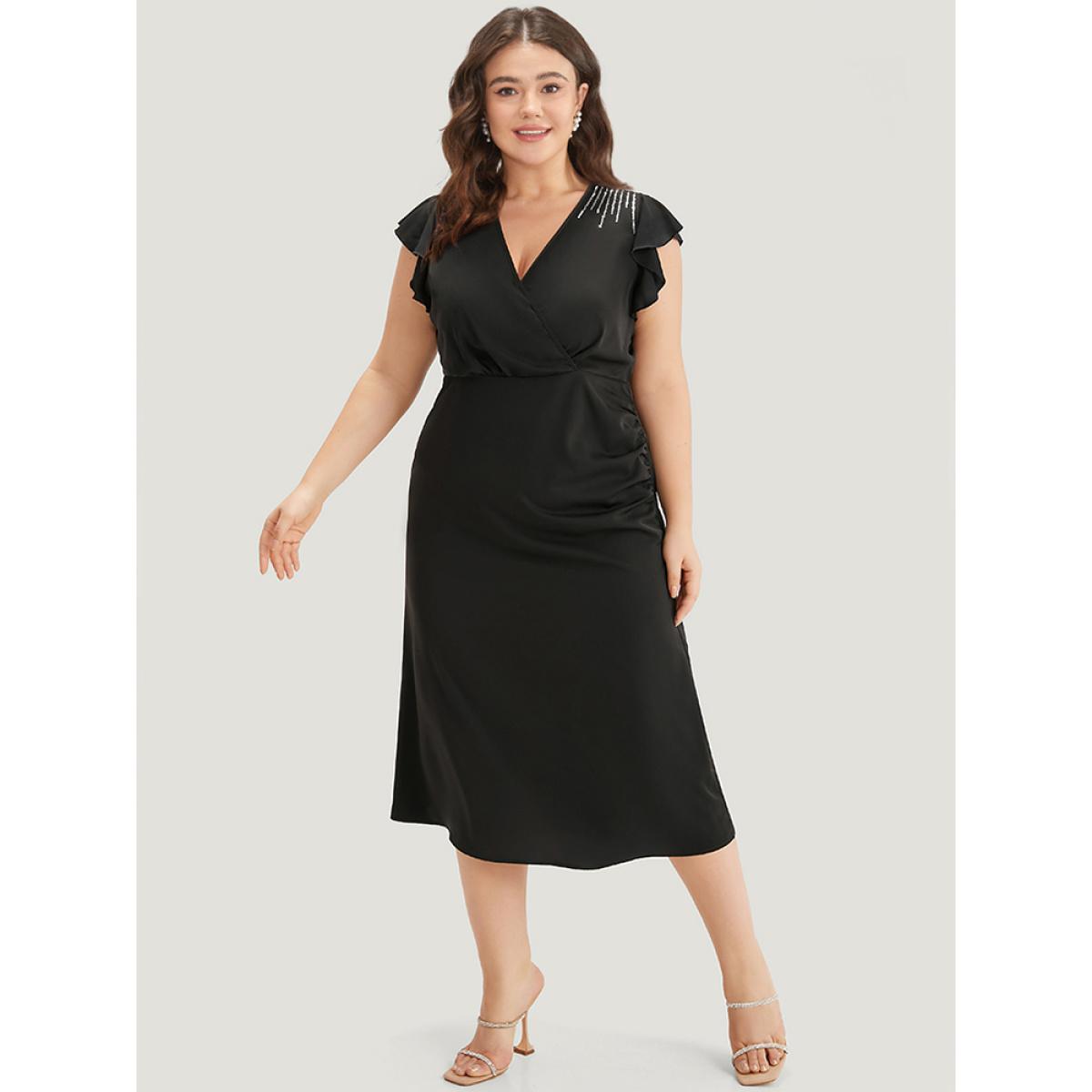 Plus Size Sequin Surplice Neck Ruffle Trim Zipper Dress Black Women Party Rhinestone detailing V-neck Sleeveless Curvy Midi Dress BloomChic 30/6X Product Image