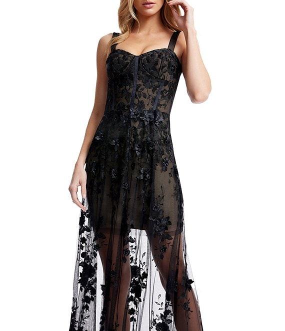 Dress the Population Anabel Embroidered 3D Floral Sweetheart Neck Sleeveless Sheer Skirt A-Line Gown Product Image