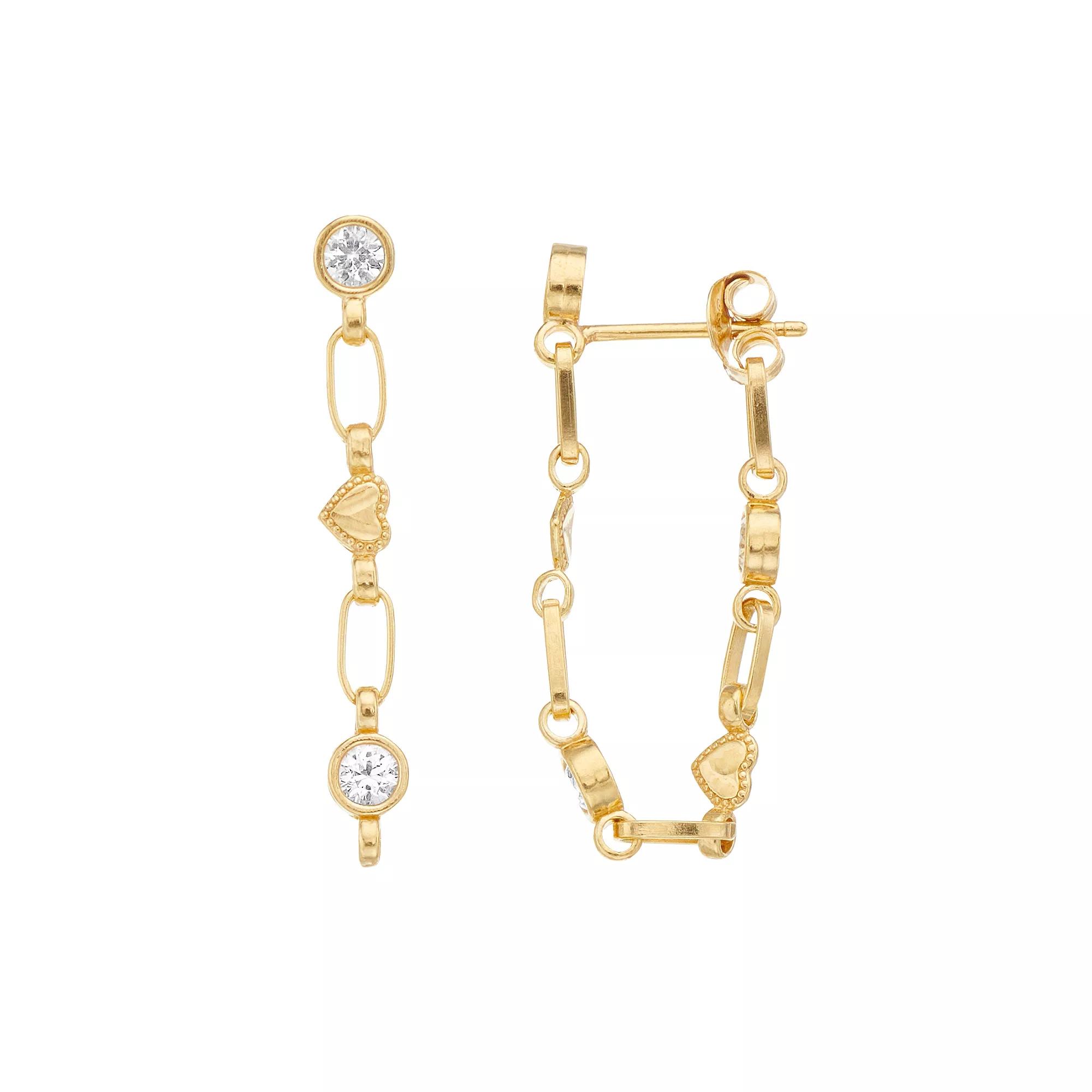 Kristen Kesho Sterling Silver Lab-Created White Sapphire Front-to-Back Heart Link Chain Hoop Earrings, Women's, Gold Tone Product Image