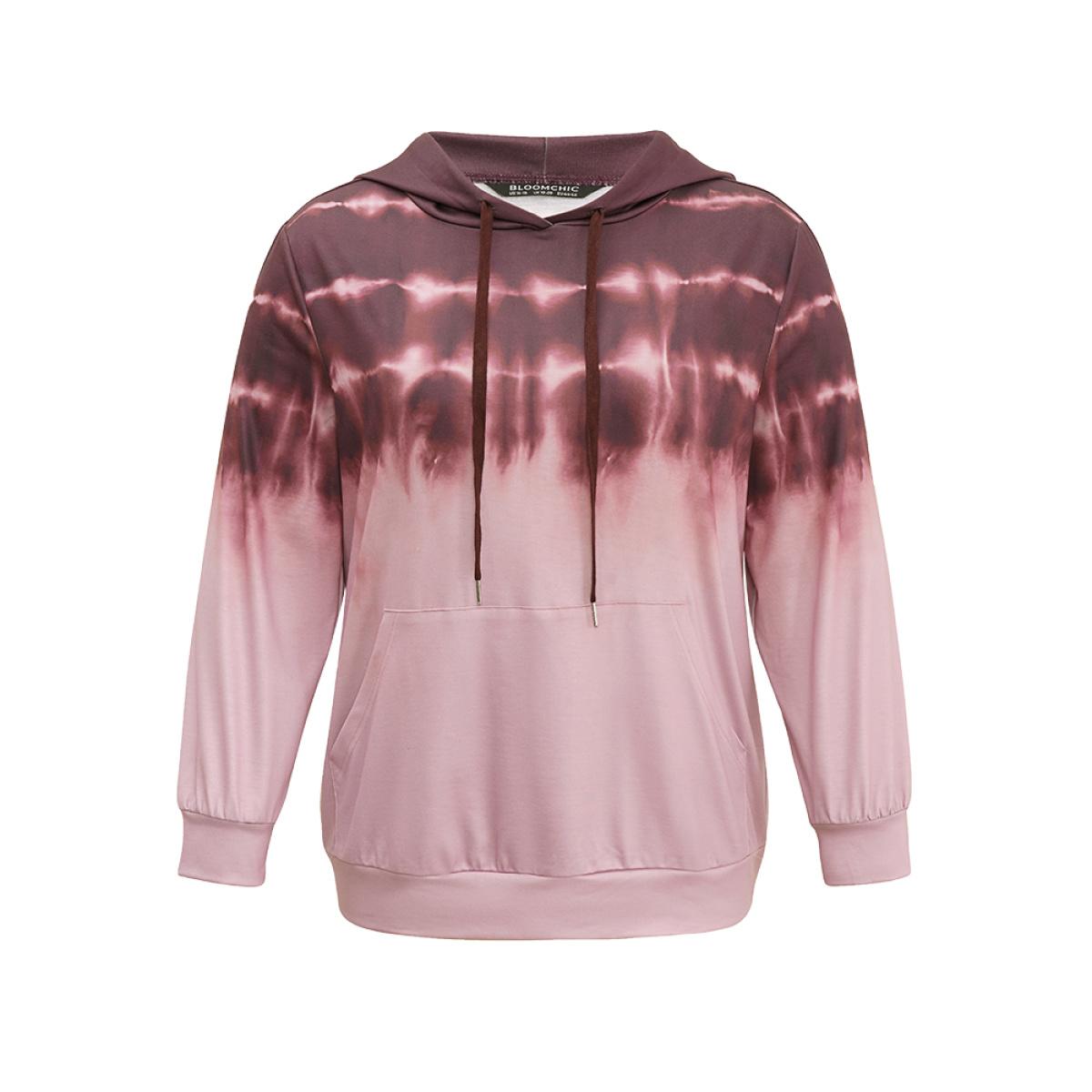 Plus Size Tie Dye Kangaroo Pocket Hooded Drawstring Sweatshirt Women Maroon Casual Tie Dye Hooded Dailywear Sweatshirts BloomChic 28/5X Product Image