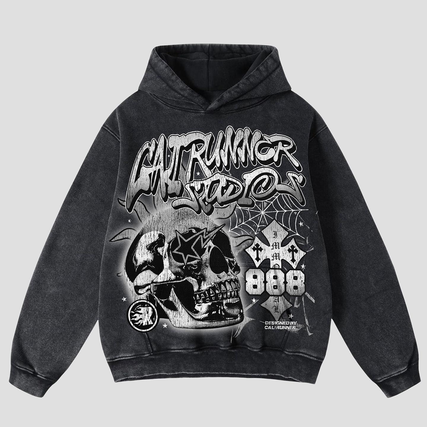 Vintage Flame Abstract Skull Graphic Acid Wash Oversized Hoodie Product Image