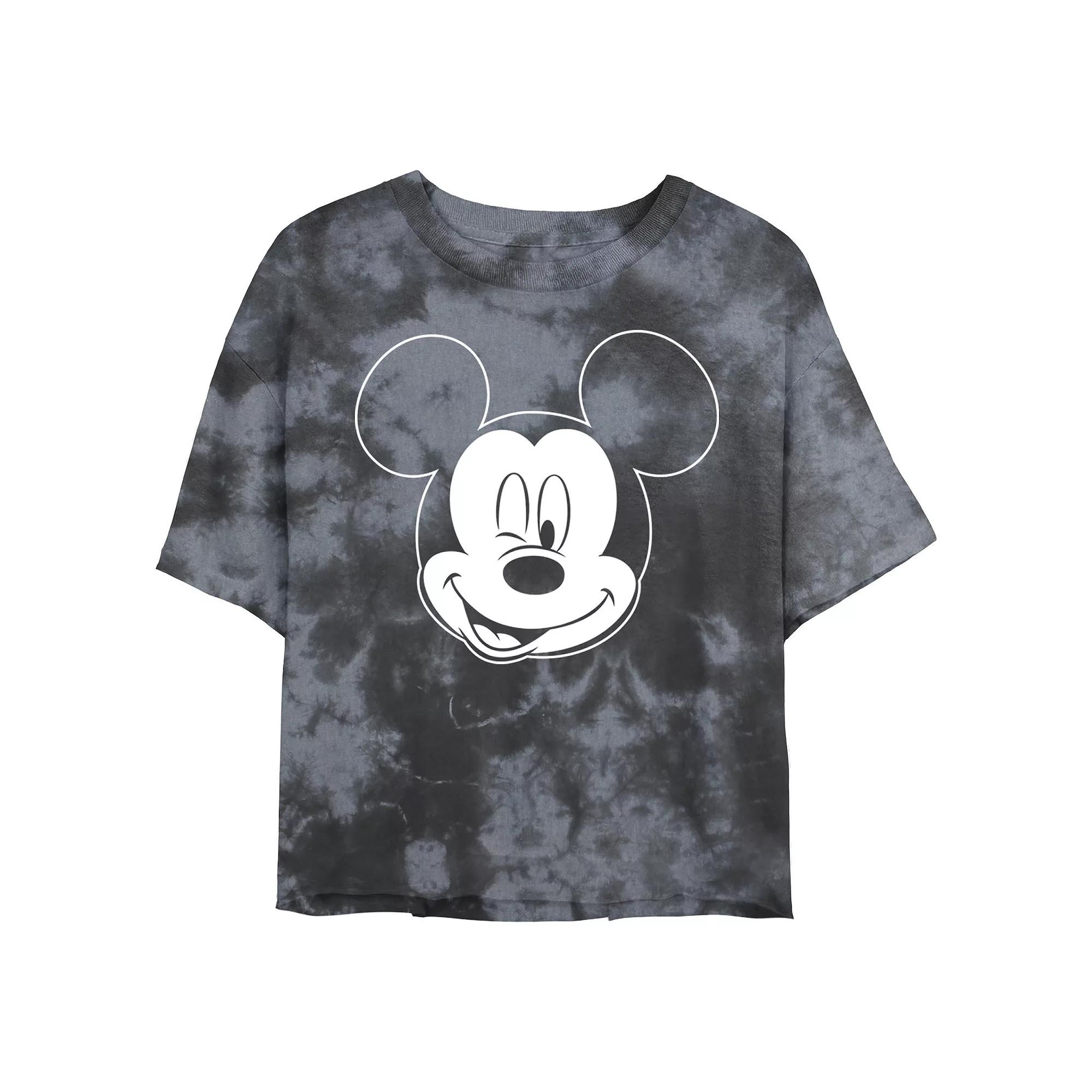 Juniors' Disney Mickey Mouse Large White Outline Winking Face Wash Crop Tee, Girl's, Black Grey Product Image