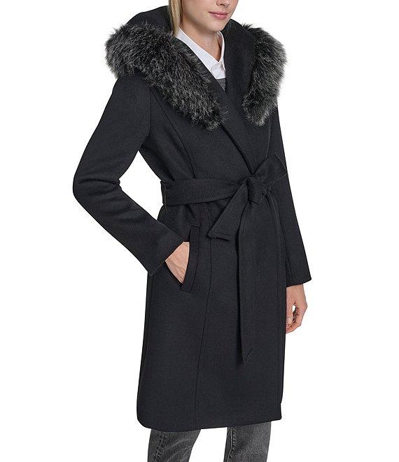 Cole Haan Wool Blend Faux Fur Trim Belted Wrap Coat Product Image