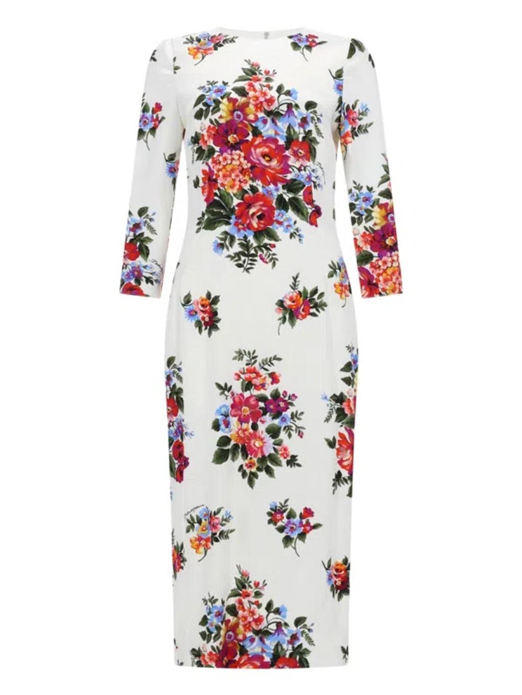 DOLCE & GABBANA Abito Midi Bianco Con Stampa Floreale Dolce E Gabbana In White Product Image