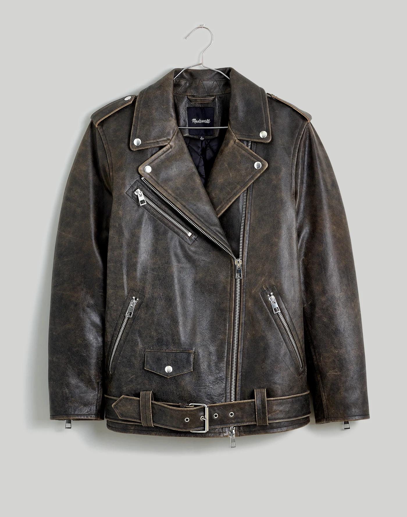 Distressed Leather Oversized Motorcycle Jacket Product Image