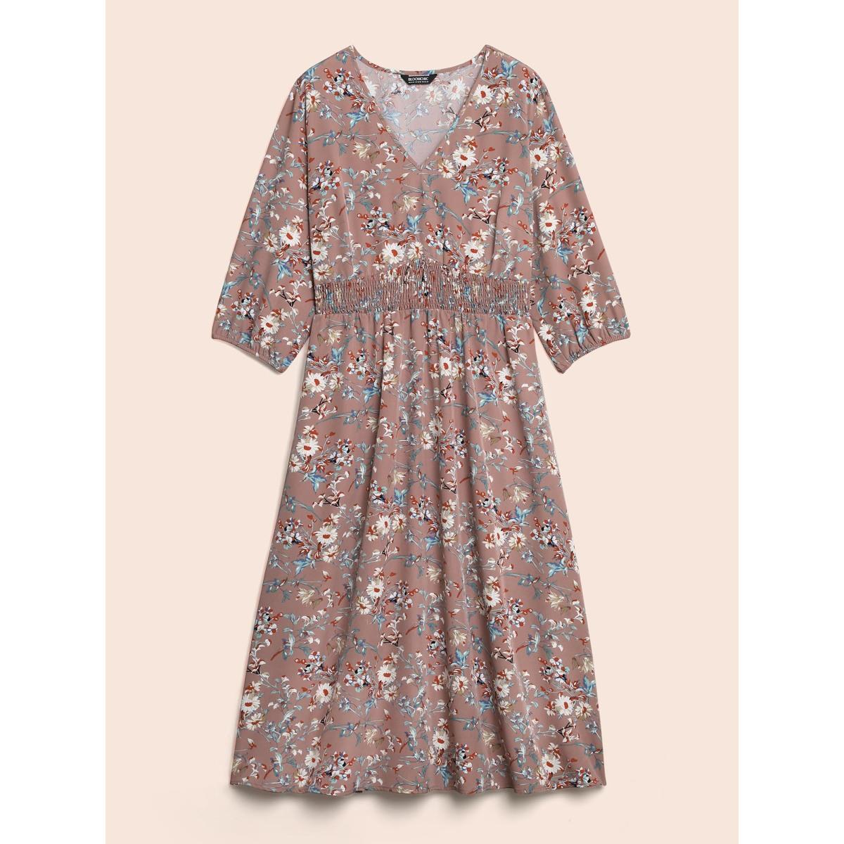 Plus Size V-Neck Floral Print Shirred Pockets Midi Dress DustyPink Women Elegant Shirred V-neck Elbow-length sleeve Curvy BloomChic 18-20/2X Product Image