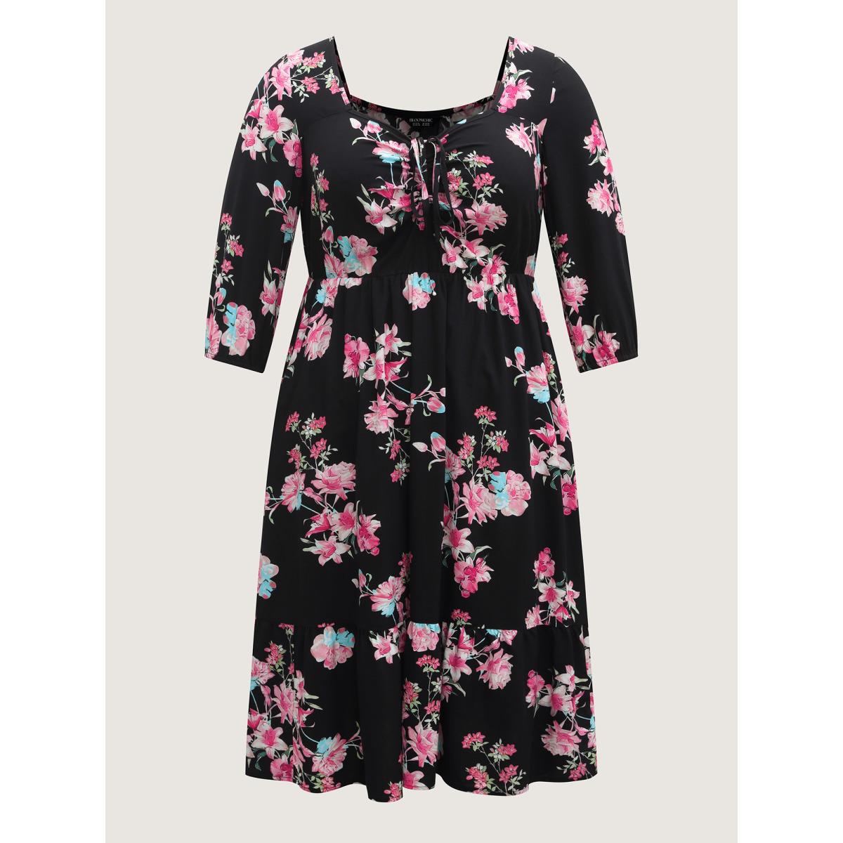 Plus Size Floral Adjustable Bust Drawstring Midi Dress Black Women Heart neckline Elbow-length sleeve Curvy BloomChic 22-24/3X Product Image