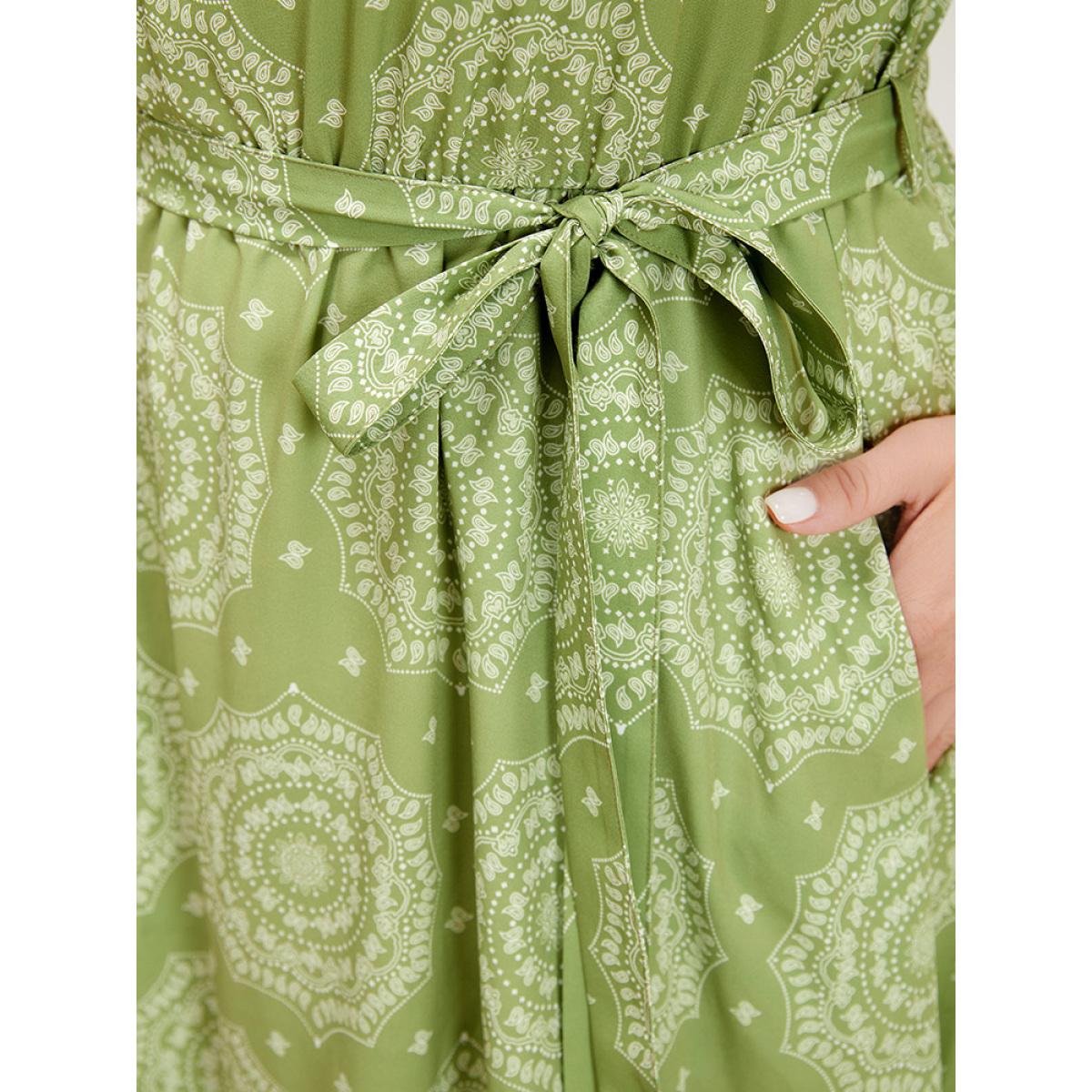 Plus Size Bandana Print Ruched Sleeve Frill Trim Pocket Belt Dress LightGreen Women Vacation Ruched Square Neck Short sleeve Curvy Midi Dress BloomChic 10/M Product Image
