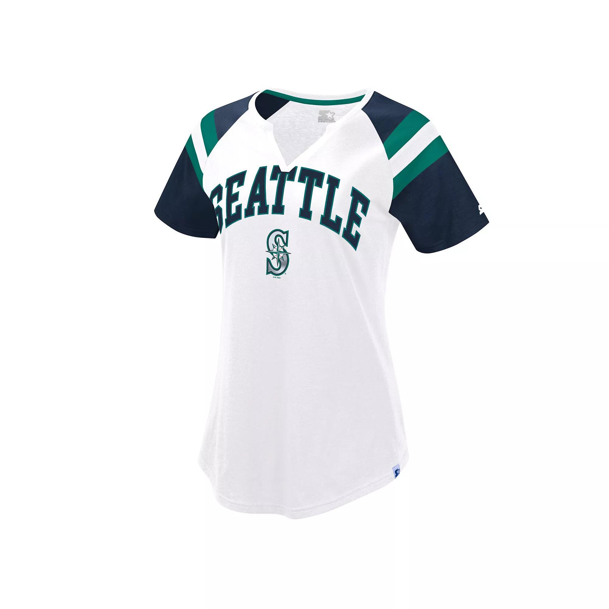 Women's Starter White/College Navy Seattle Mariners Game On Notch Neck Raglan T-Shirt, Size: Medium Product Image