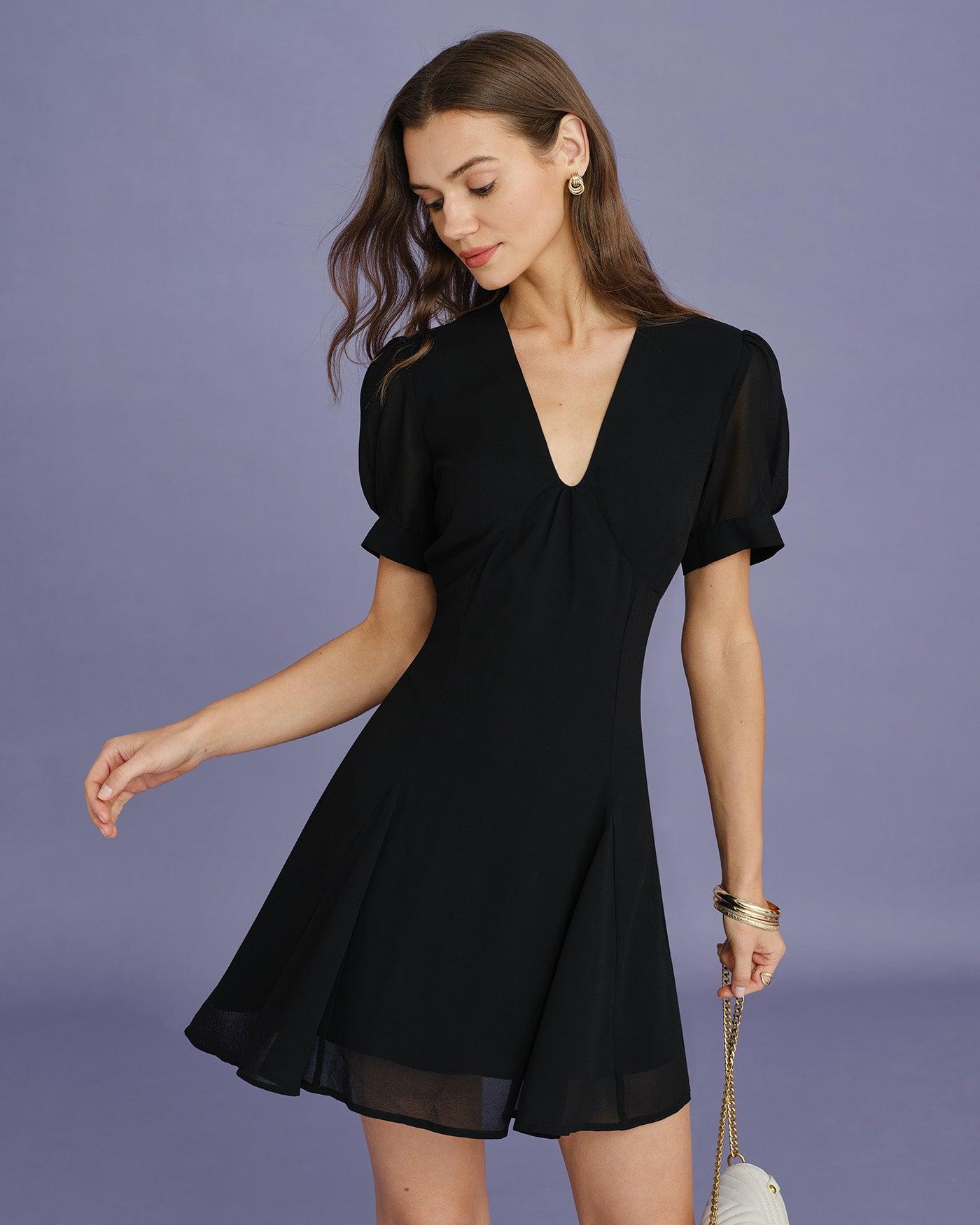 Black V Neck Puffed Sleeve Mini Dress Product Image