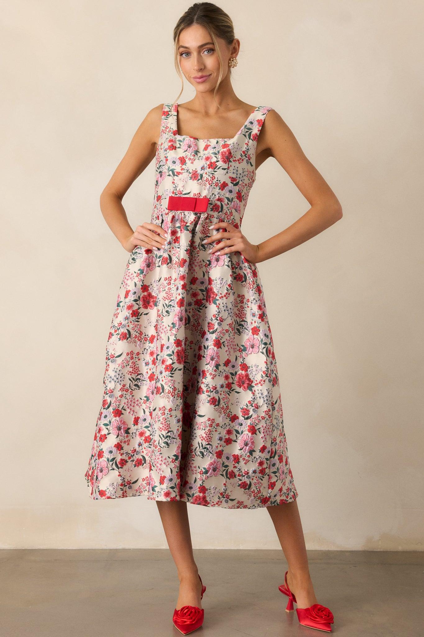 Sunlit Mornings Red Floral Jacquard Midi Dress Product Image
