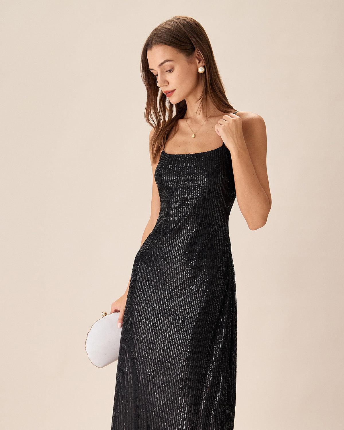 Black Sequin Bodycon Slit Maxi Dress Product Image