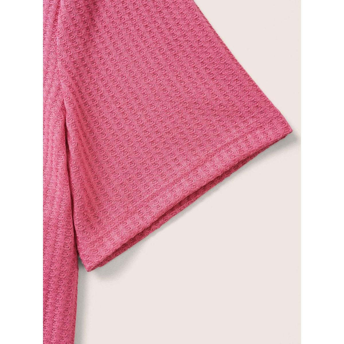 Plus Size Solid Waffle Knit Lace Panel T-shirt RedViolet Women Elegant Woven ribbon&lace trim V-neck Everyday T-shirts BloomChic 12/L Product Image