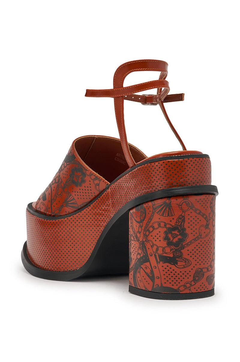 AZALEA WANG ANTHELMINE COGNAC PLATFORM SANDAL WITH TATTOO DETAILING Product Image