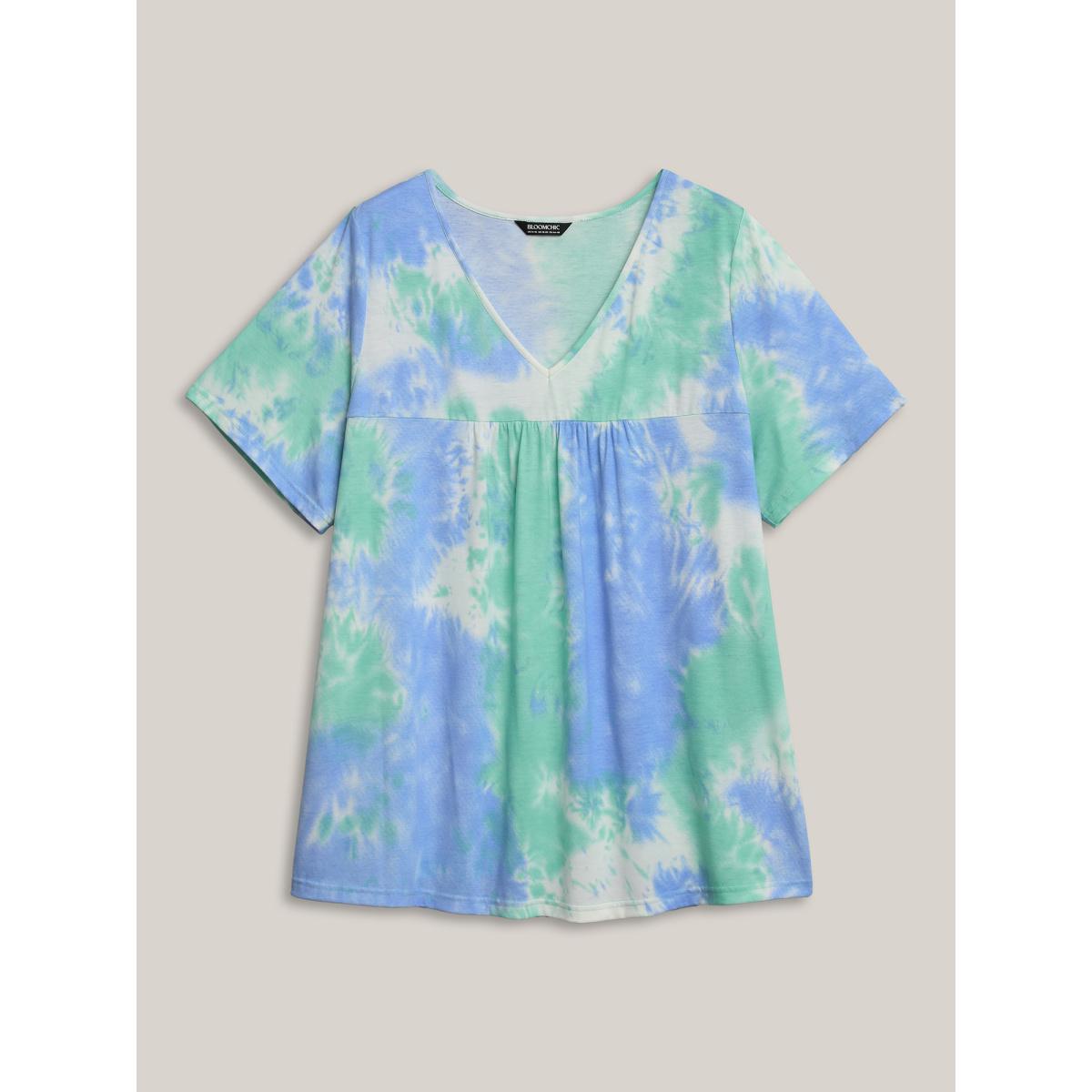 Plus Size Tie-Dye Pleated Flowy T-Shirt Multicolor Women Gathered V-neck Everyday-Casual T-shirts BloomChic 22-24/3X Product Image