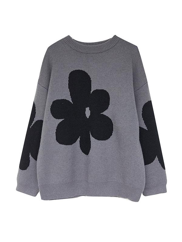 Casual Loose Long Sleeves Contrast Color Jacquard Round-Neck Sweater Tops Product Image