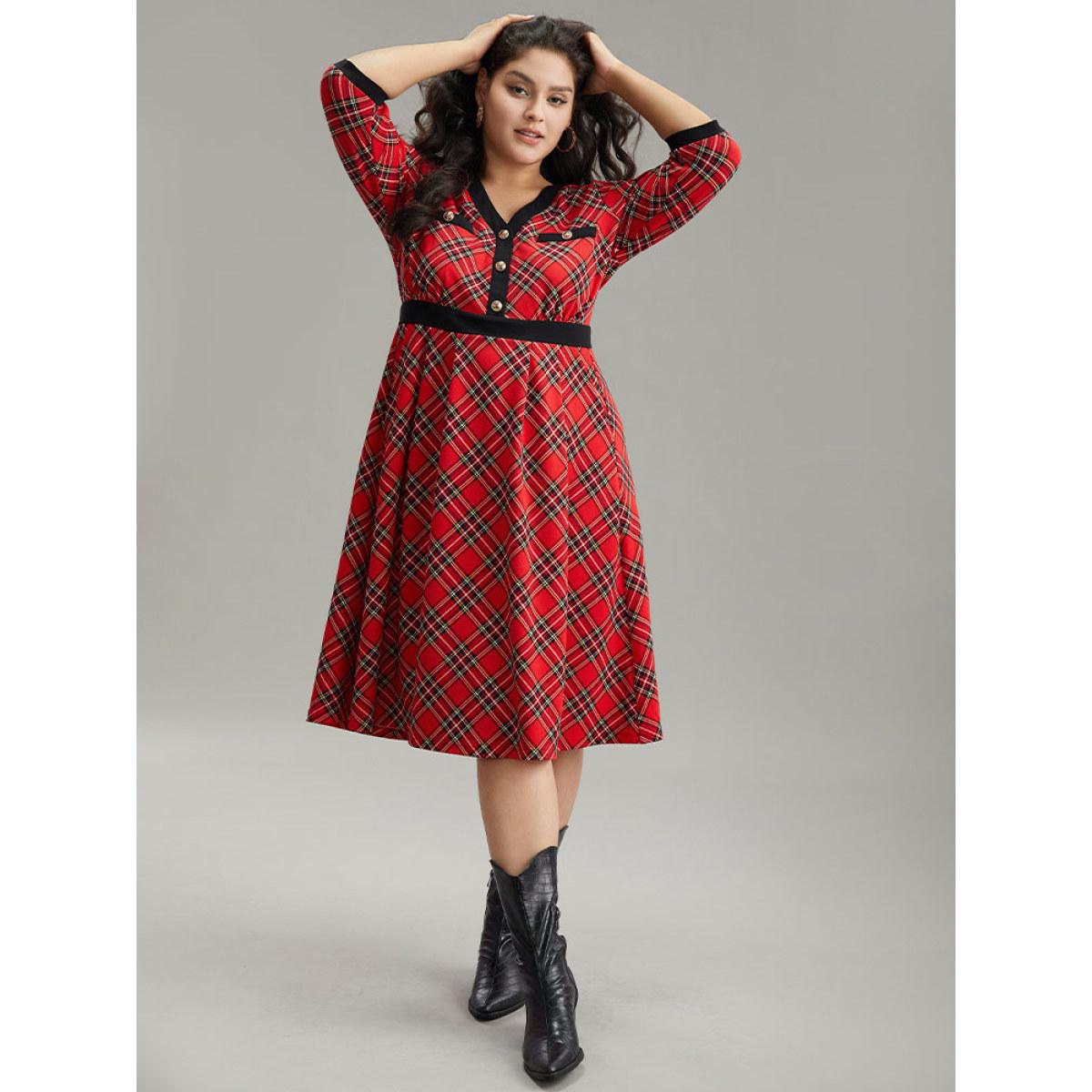 Plus Size Plaid Contrast Trim Pocket Button Detail Dress Raspberry Women Casual Printed V-neck Elbow-length sleeve Curvy Midi Dress BloomChic 10/M Product Image