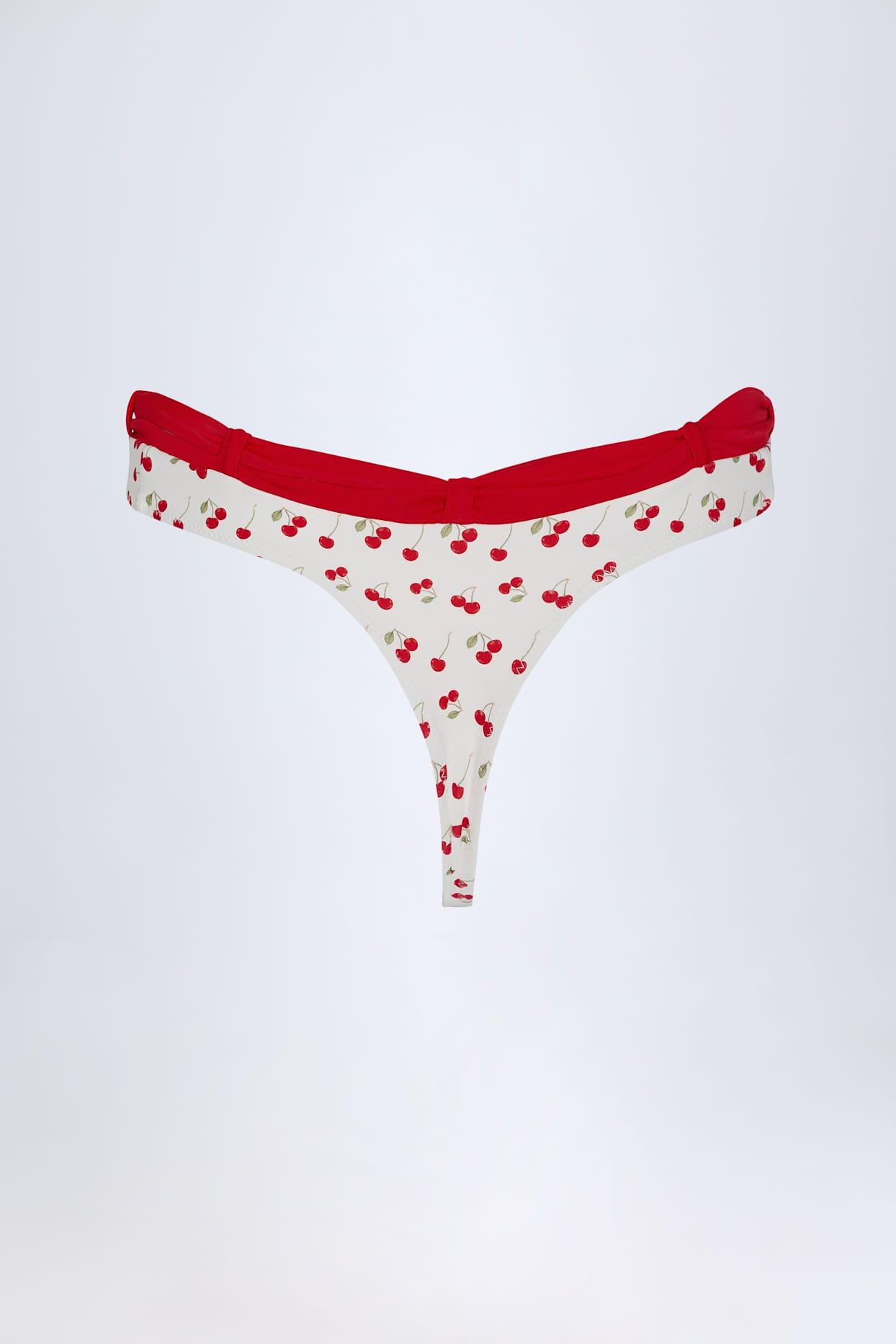 Contrast Belted Thong Bikini Bottoms in Cherry Print Product Image