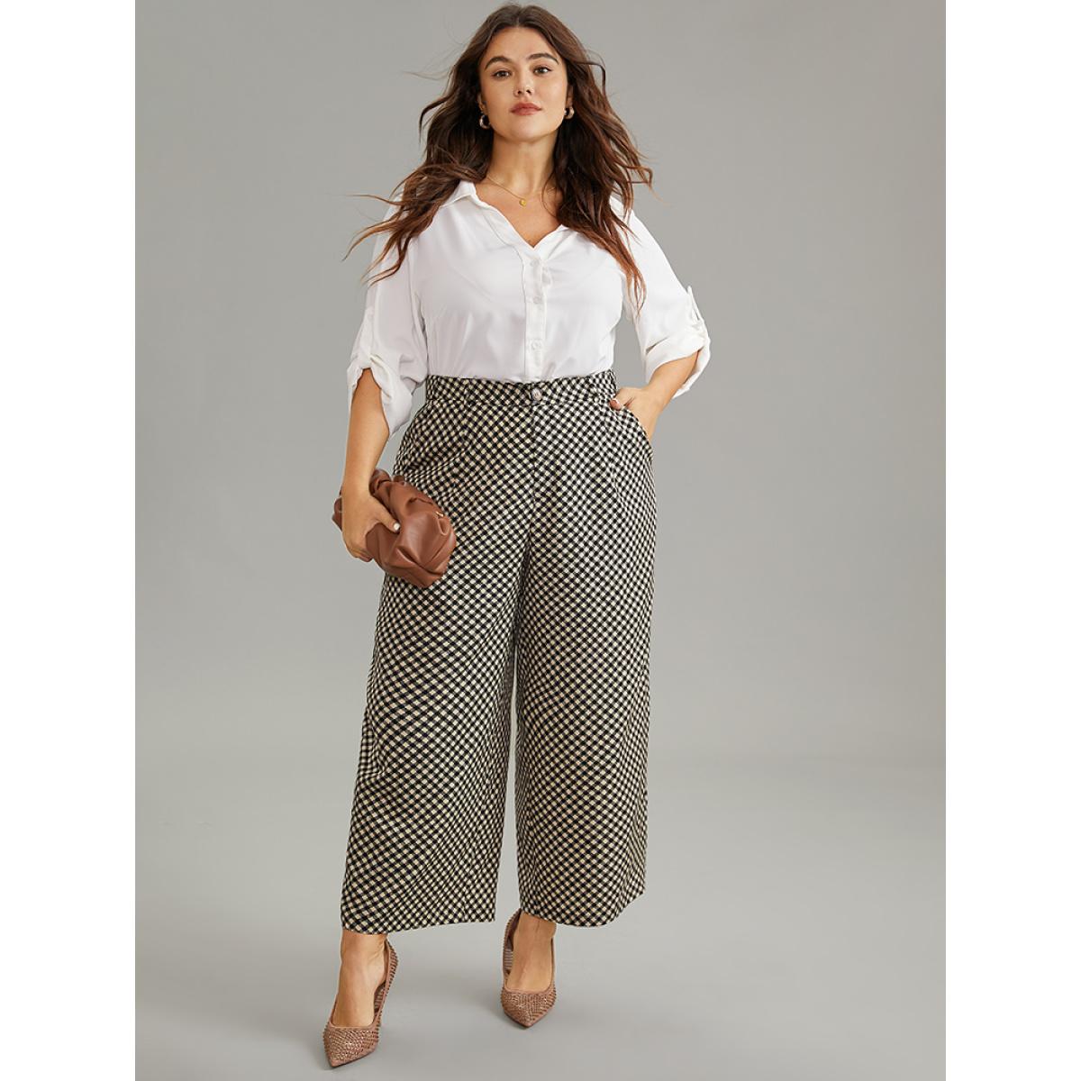 Plus Size Gingham High Rise Elastic Waist Straight Leg Pants Women Black Office Straight Leg High Rise Work Pants BloomChic 22-24/3X Product Image