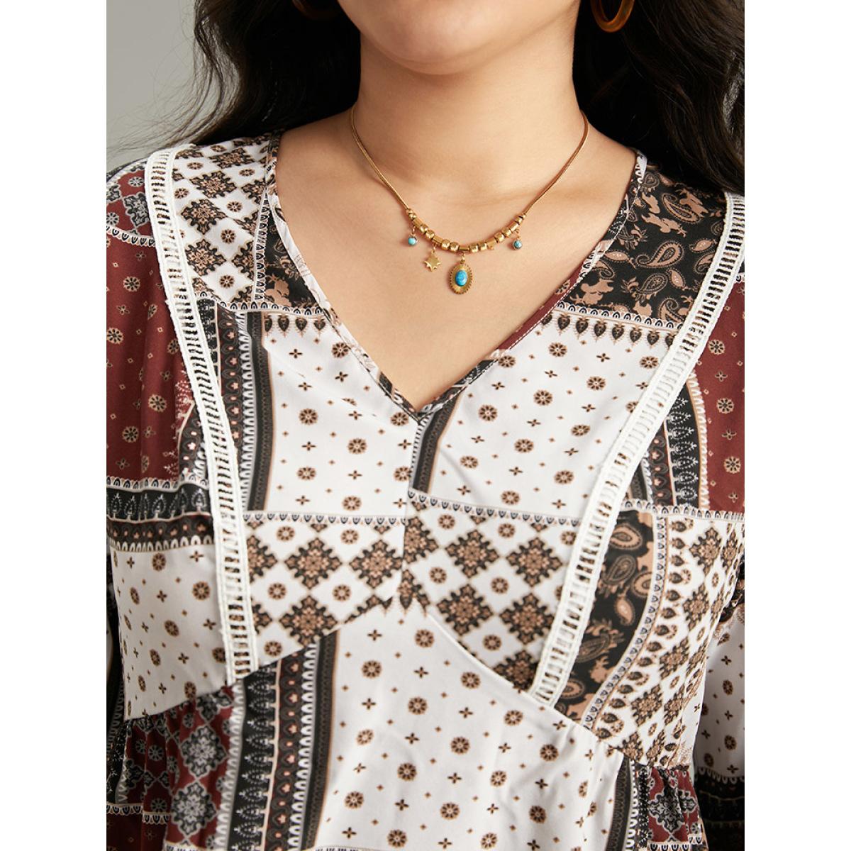 Plus Size Scarlet Moroccan Print Lace Panel Ruffles Frill Trim Blouse Women Vacation Elbow-length sleeve V-neck Vacation Blouses BloomChic 12/L Product Image