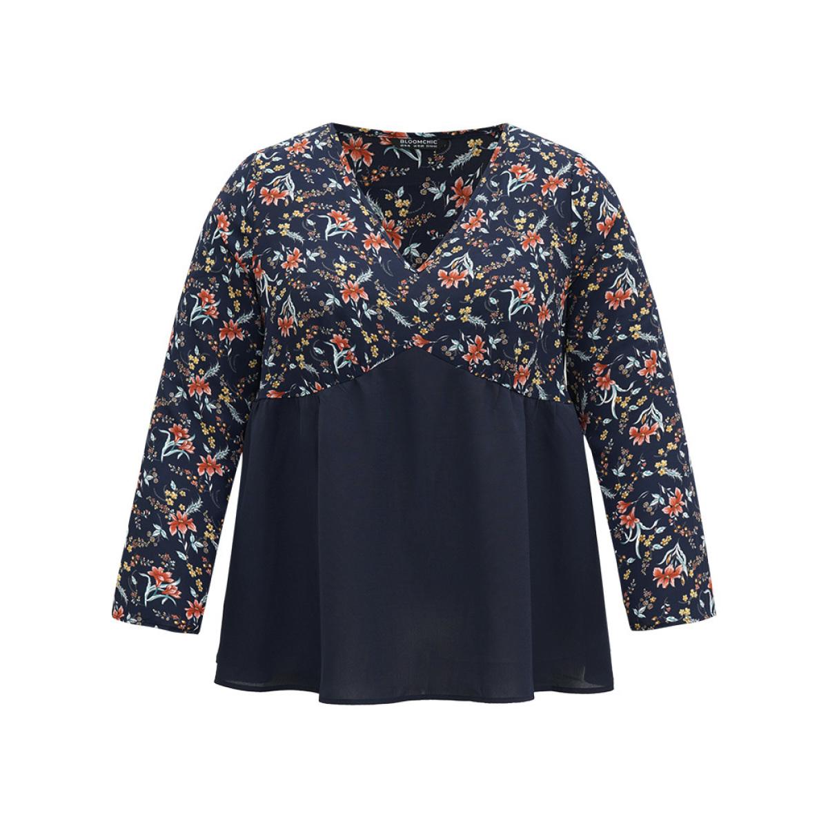Plus Size Indigo Floral Print Patchwork Pleated Blouse Women Elegant Long Sleeve V-neck Dailywear Blouses BloomChic 22-24/3X Product Image